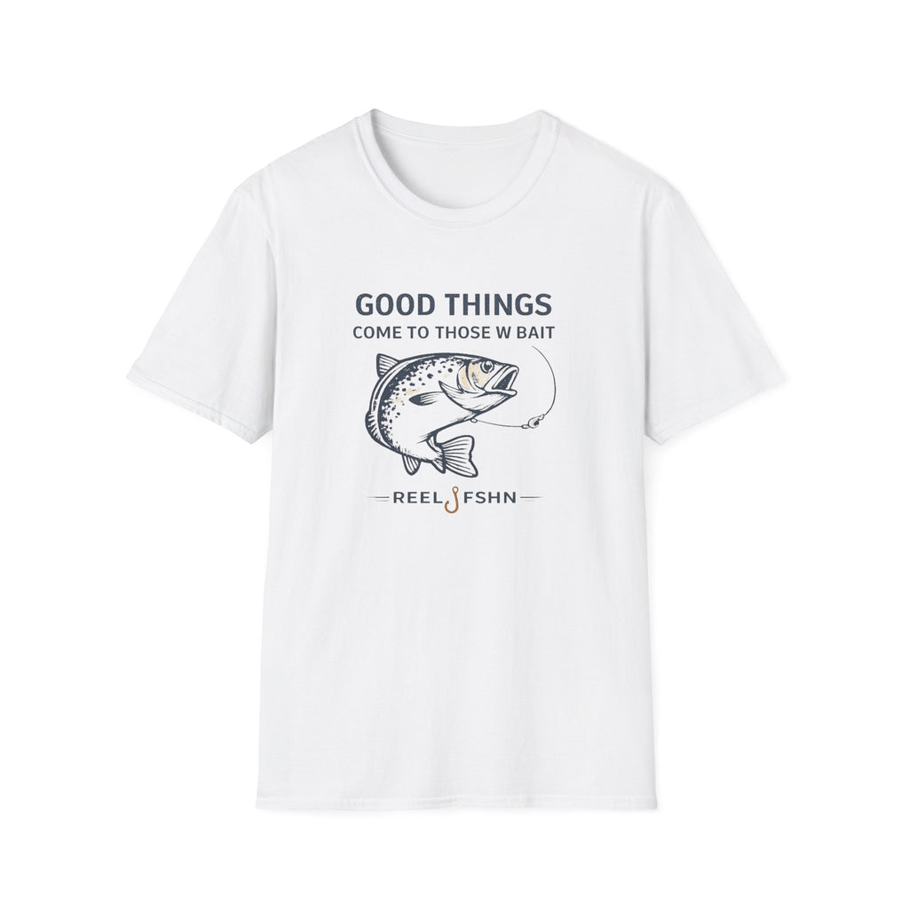 White Comfort Colors cotton t-shirt with "Good Things Come To Those W Bait" text and a bass fish graphic.