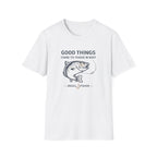 White Comfort Colors cotton t-shirt with "Good Things Come To Those W Bait" text and a bass fish graphic.