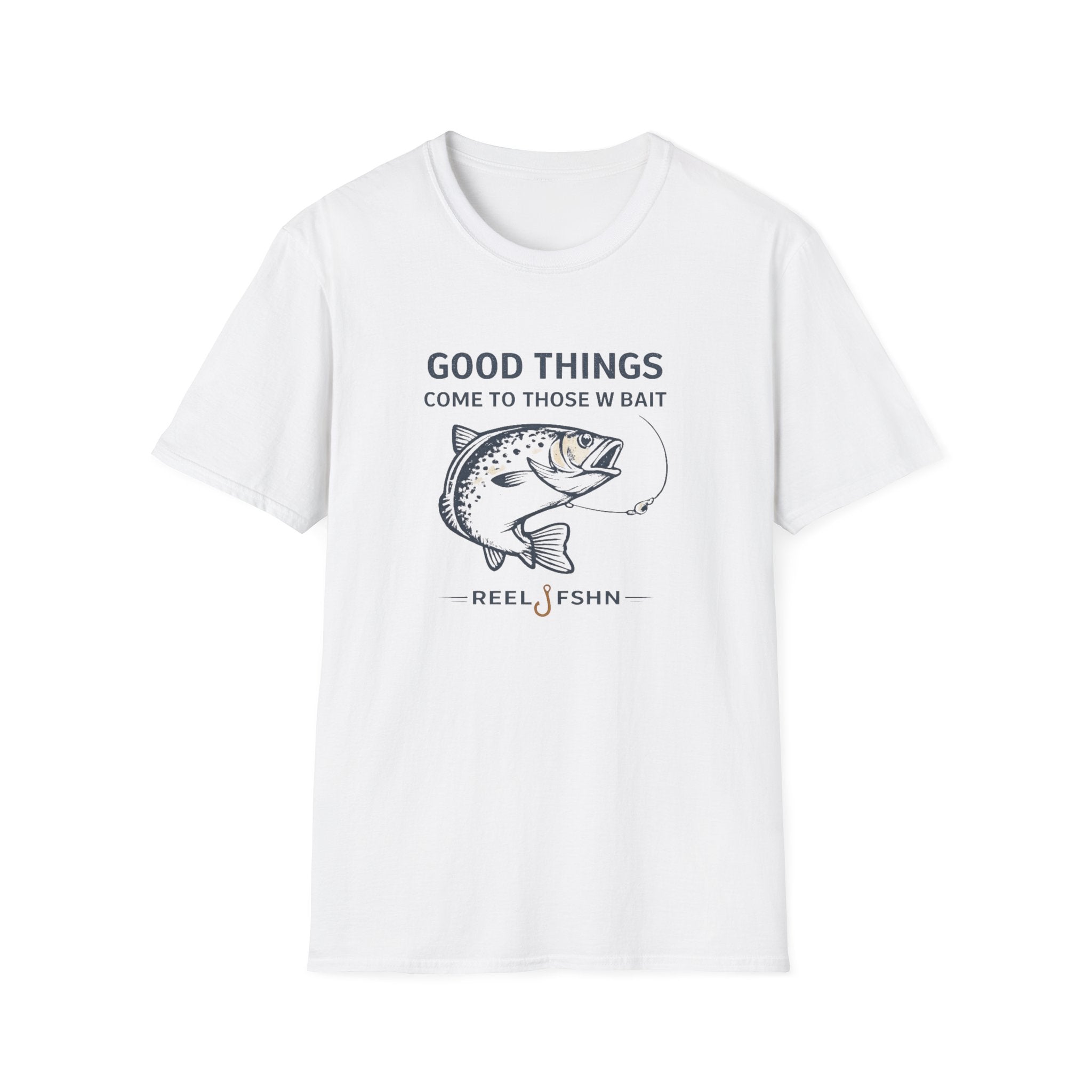 White Comfort Colors cotton t-shirt with "Good Things Come To Those W Bait" text and a bass fish graphic.