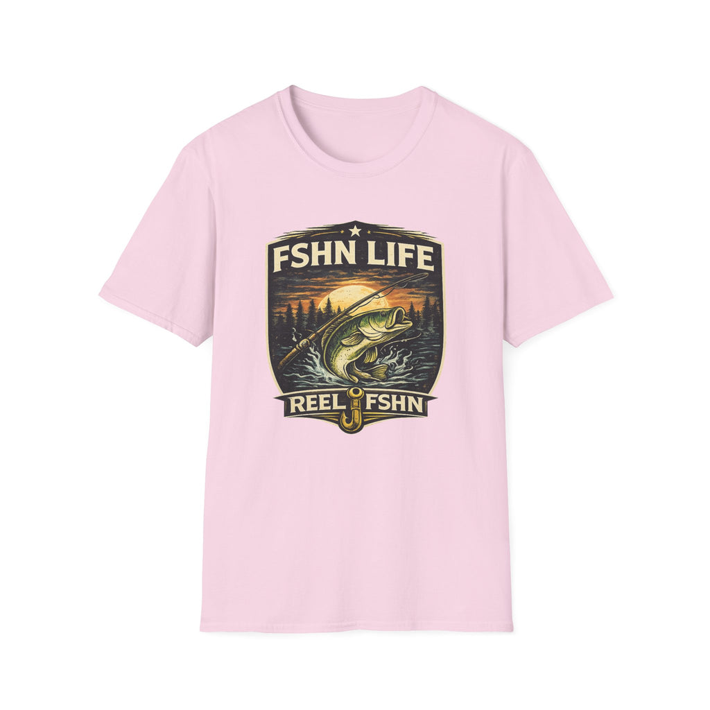 Pink Comfort Colors FSHN Life T-shirt with a bass fishing graphic at sunset.