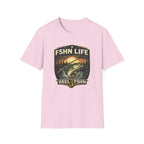 Pink Comfort Colors FSHN Life T-shirt with a bass fishing graphic at sunset.