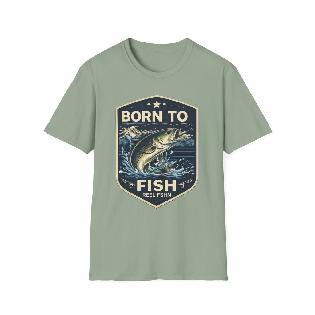 Sage green Comfort Colors unisex t-shirt with "Born to Fish" graphic featuring a jumping bass.