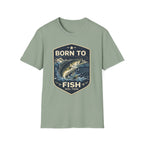 Sage green Comfort Colors unisex t-shirt with "Born to Fish" graphic featuring a jumping bass.