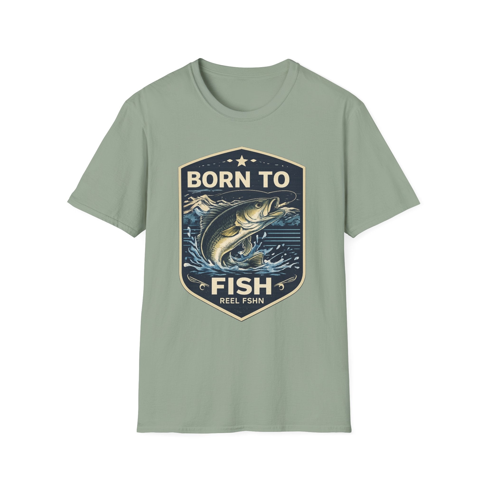 Sage green Comfort Colors unisex t-shirt with "Born to Fish" graphic featuring a jumping bass.