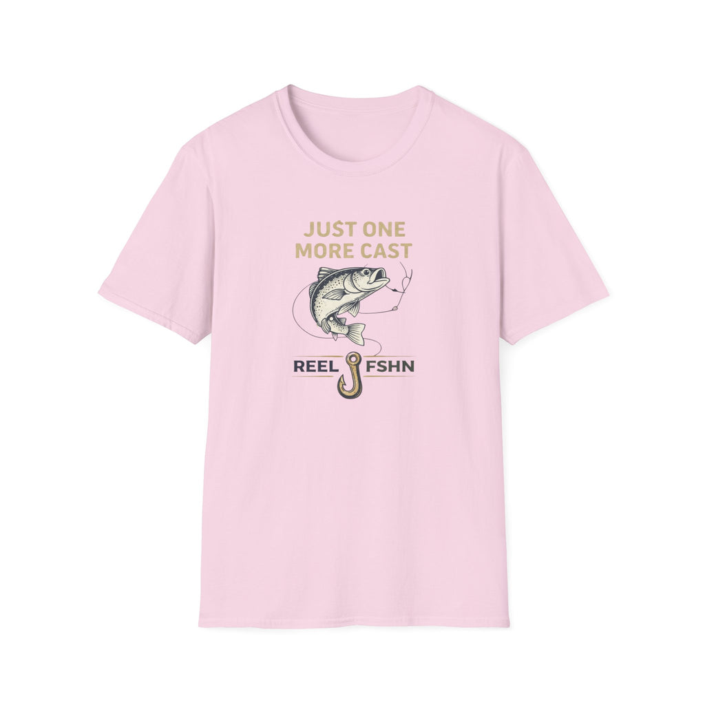 Pink Comfort Colors t-shirt with "Just One More Cast" text, a bass, and a fishing hook design.