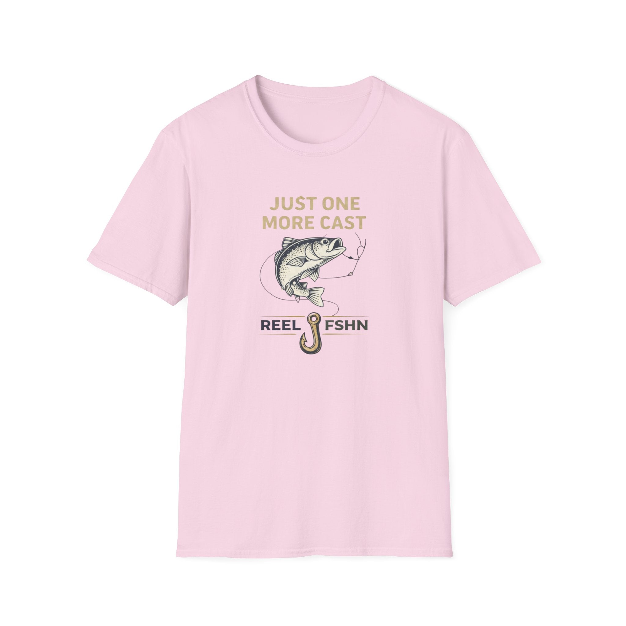 Pink Comfort Colors t-shirt with "Just One More Cast" text, a bass, and a fishing hook design.