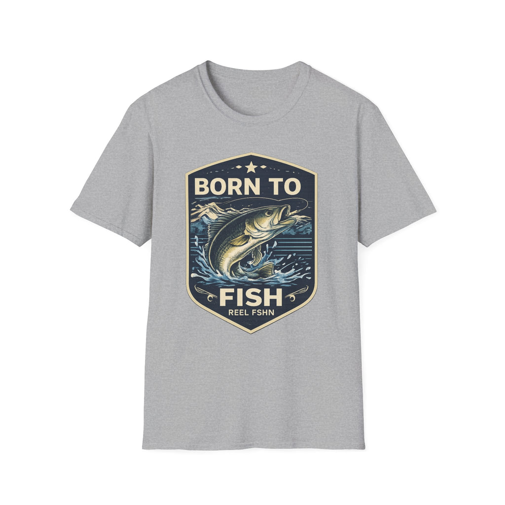 Gray Comfort Colors "Born to Fish" t-shirt with a vintage-style bass fishing graphic.