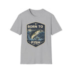 Gray Comfort Colors "Born to Fish" t-shirt with a vintage-style bass fishing graphic.