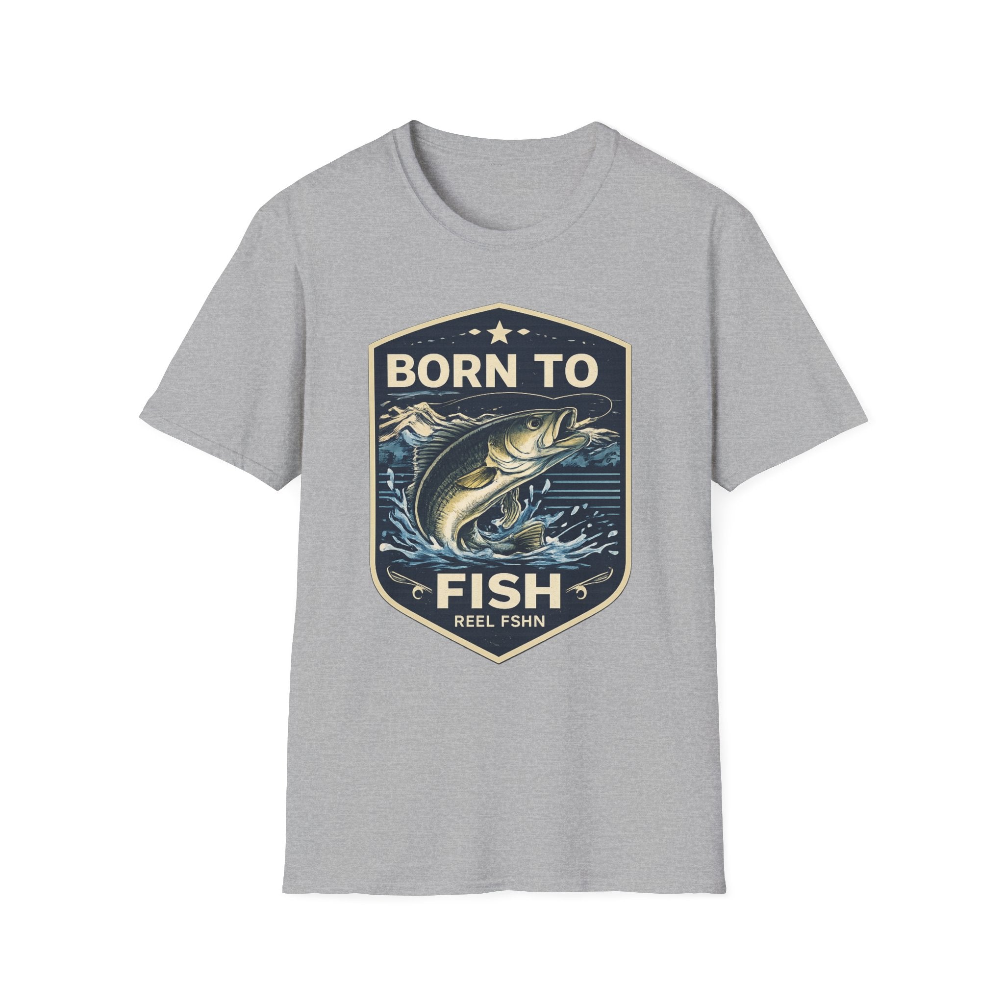 Gray Comfort Colors "Born to Fish" t-shirt with a vintage-style bass fishing graphic.