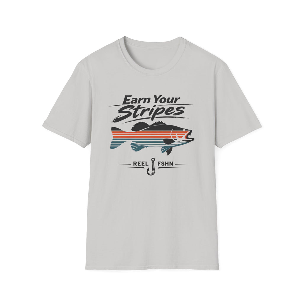 Light gray Comfort Colors t-shirt with "Earn Your Stripes" text, a striped bass graphic, and "REEL FSHN" with a fishing hook.