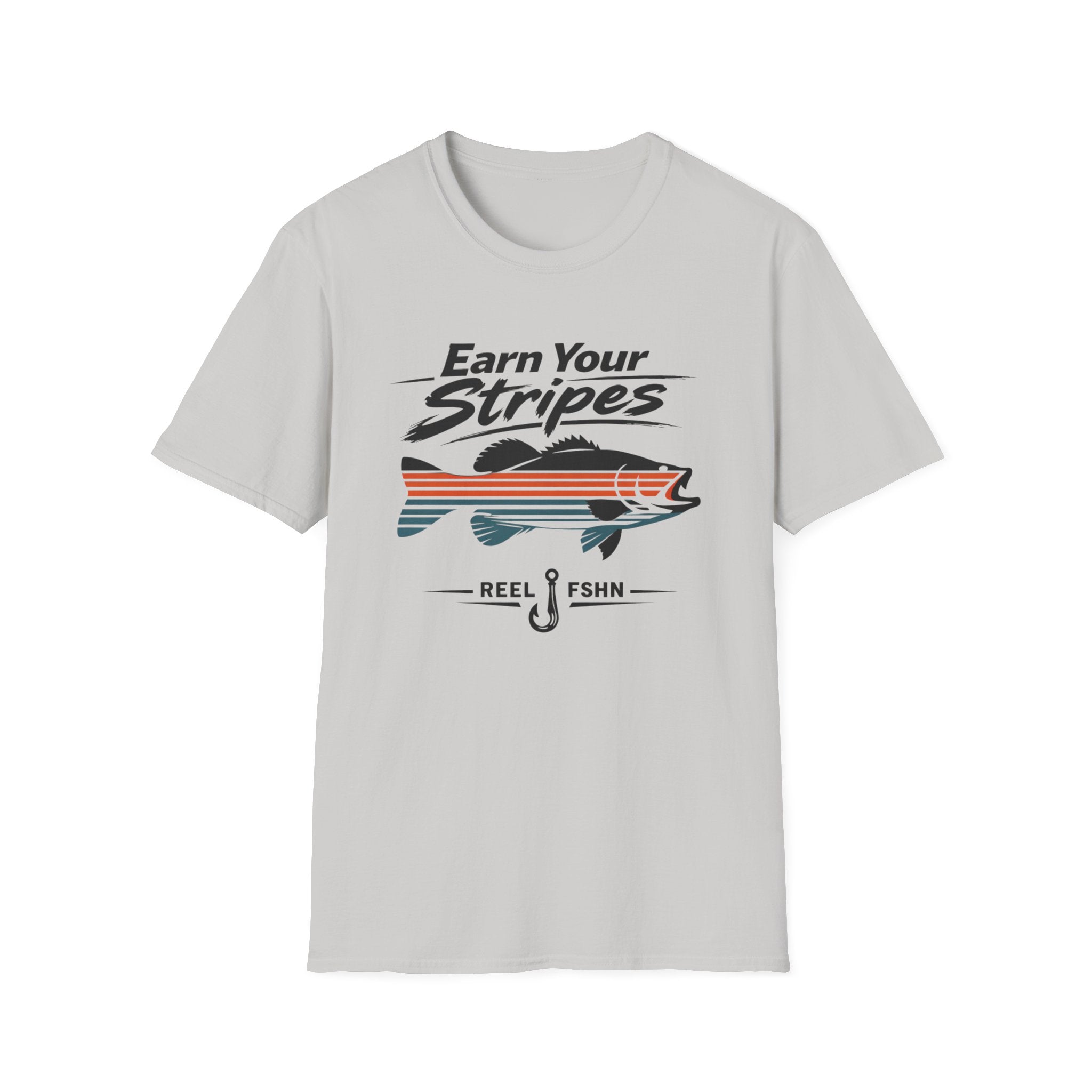 Light gray Comfort Colors t-shirt with "Earn Your Stripes" text, a striped bass graphic, and "REEL FSHN" with a fishing hook.