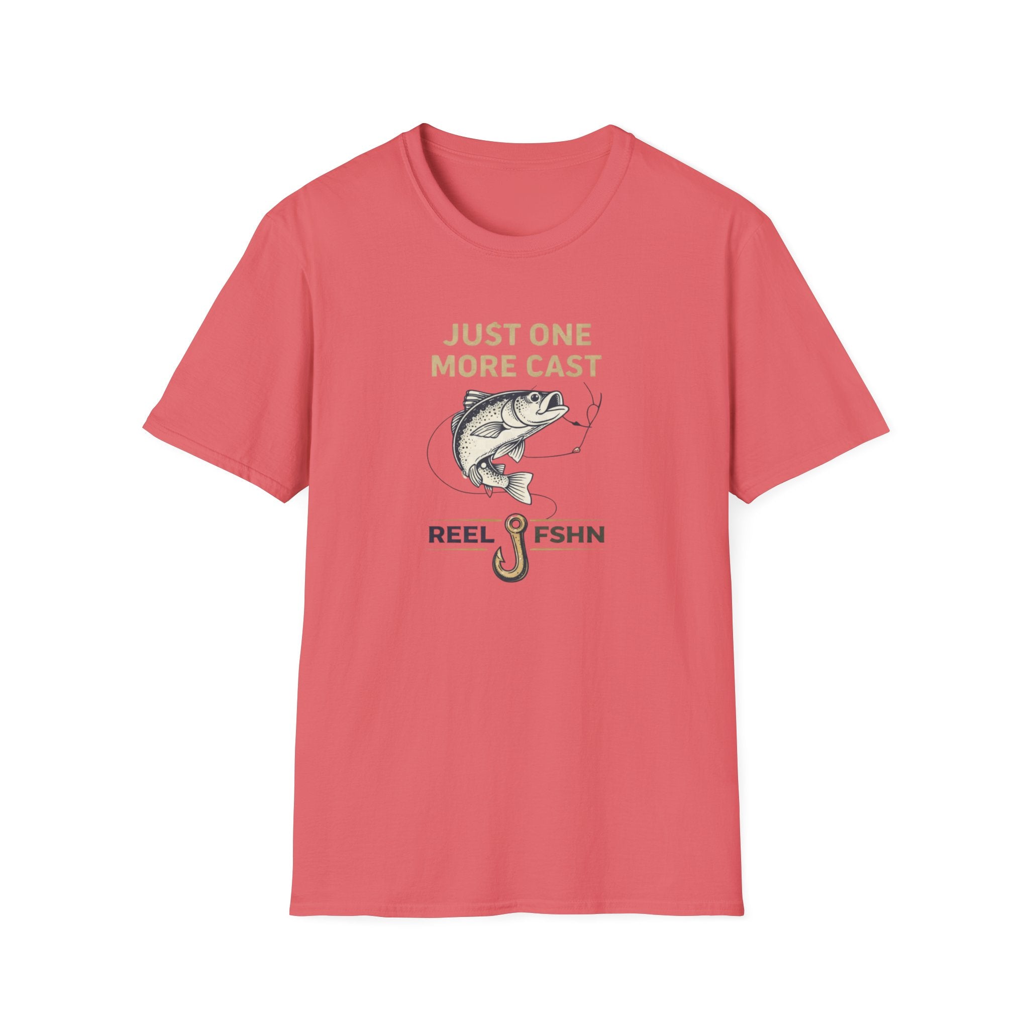 Comfort Colors coral t-shirt with "Just One More Cast" text, a hooked fish, and "REEL FSHN" graphic.