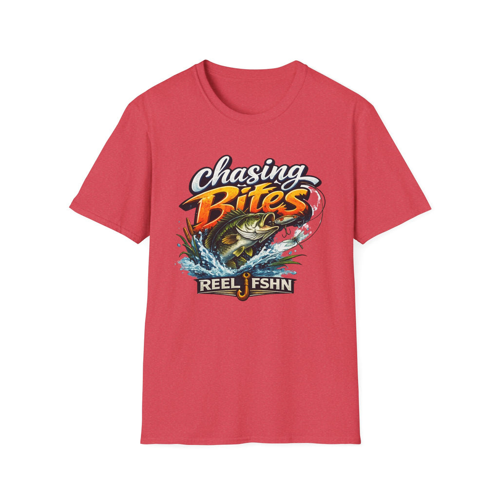 Red Comfort Colors unisex tee with "Chasing Bites" graphic of a bass jumping from water.