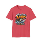 Red Comfort Colors unisex tee with "Chasing Bites" graphic of a bass jumping from water.