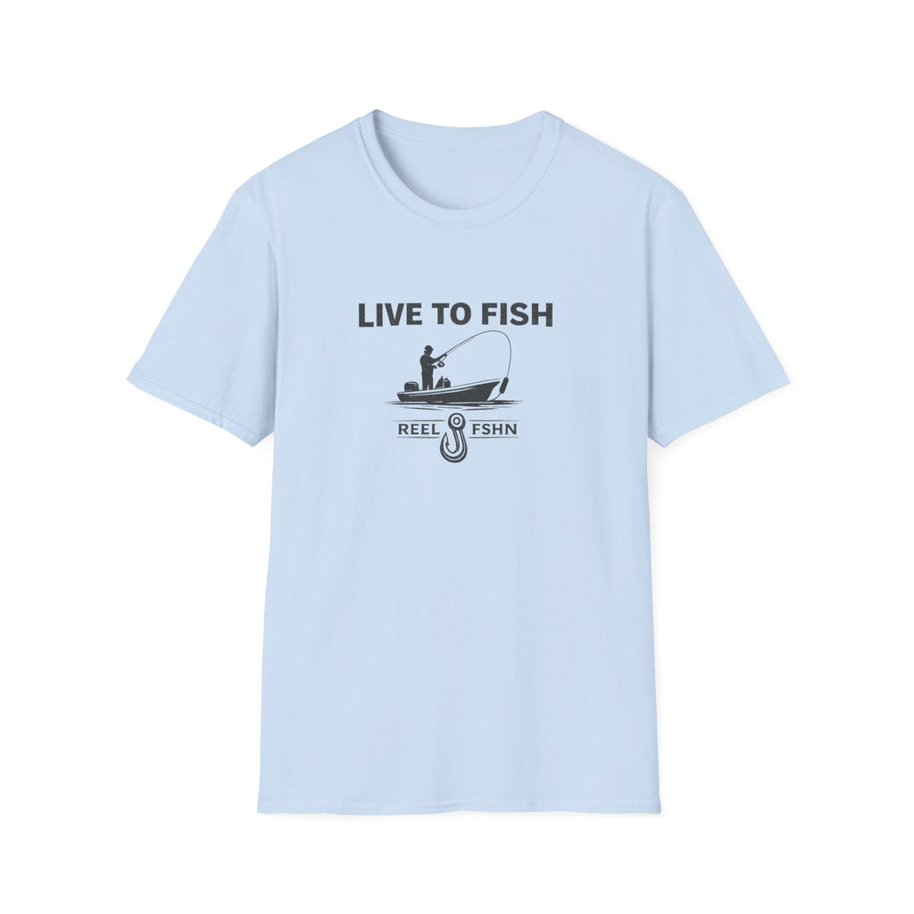 Light blue Comfort Colors unisex t-shirt with "LIVE TO FISH" text, a fishing boat graphic, and a hook.
