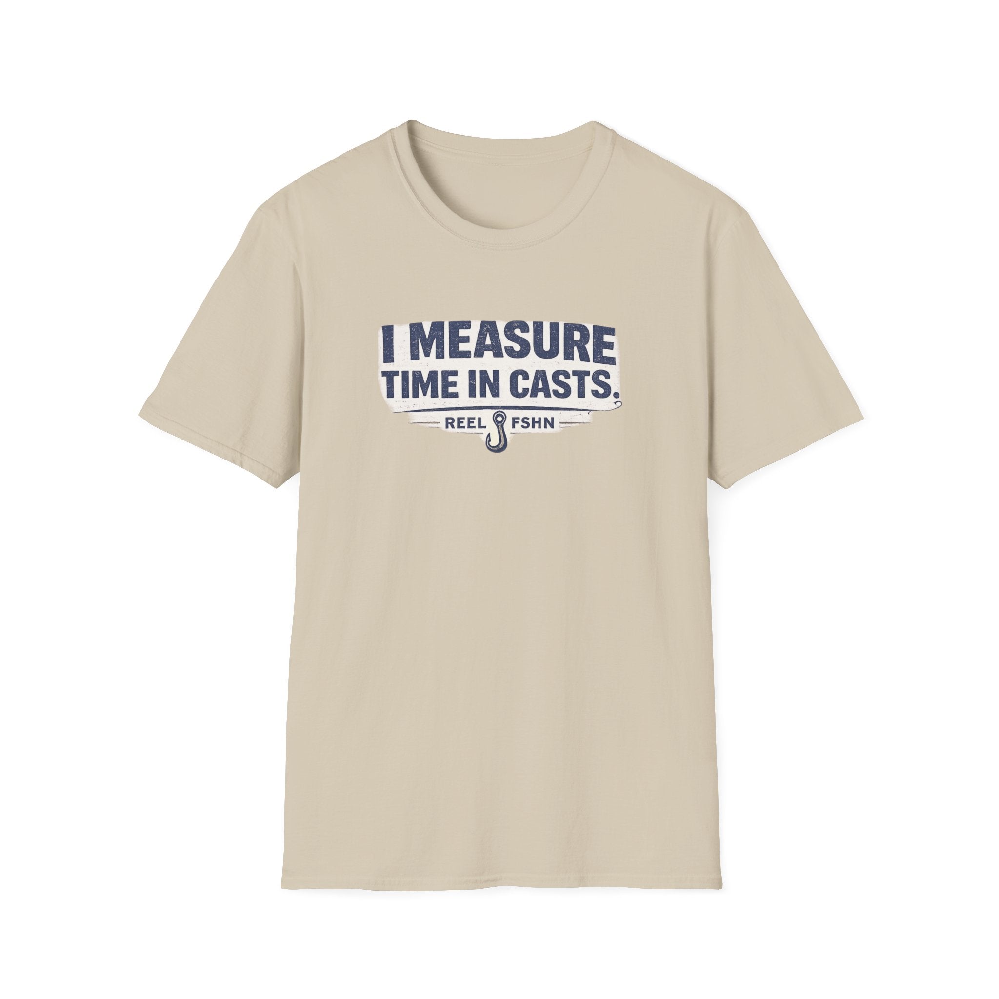 Beige Comfort Colors t-shirt with "I MEASURE TIME IN CASTS" and a fishing hook graphic.
