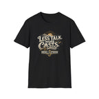 Black Comfort Colors t-shirt with "Less Talk More Casts" fishing graphic, reel, and hook design.