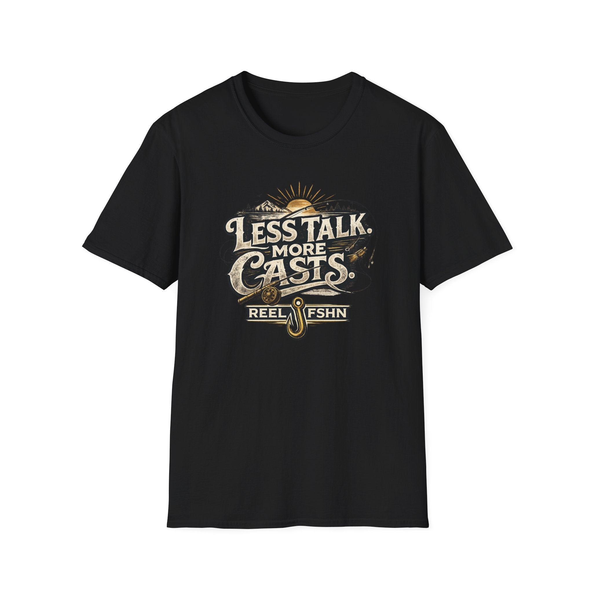 Black Comfort Colors t-shirt with "Less Talk More Casts" fishing graphic, reel, and hook design.