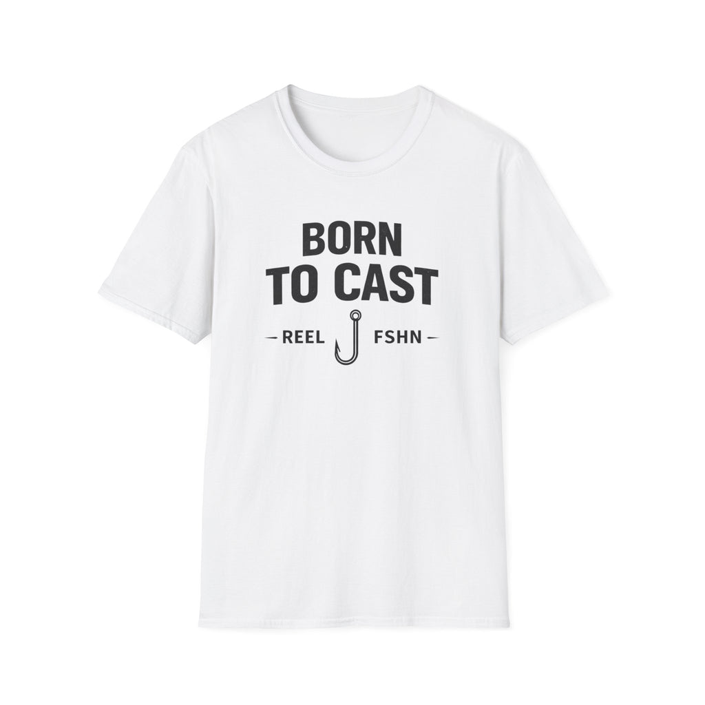 White unisex Comfort Colors fishing t-shirt with "BORN TO CAST - REEL FSHN -" text and a fishing hook graphic.