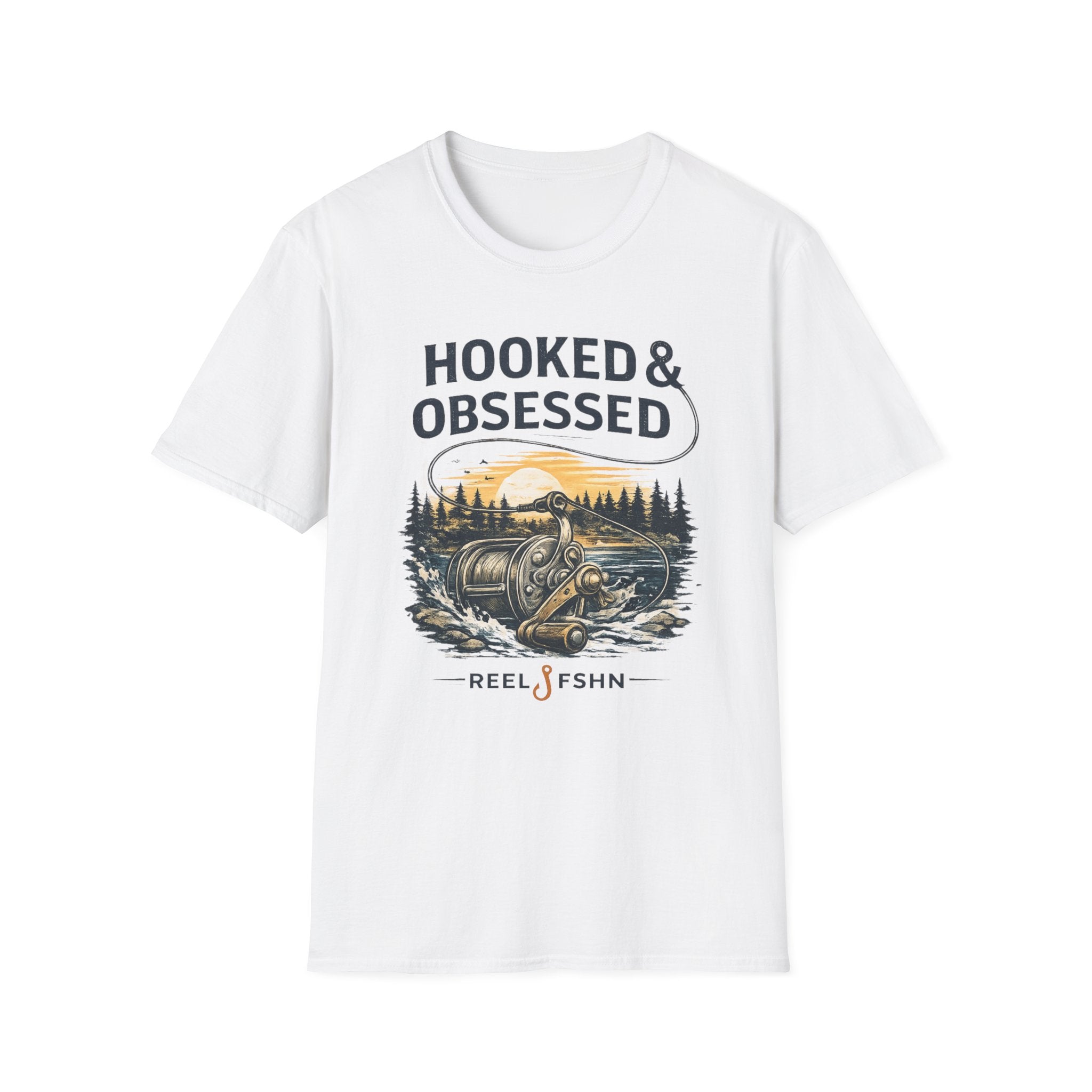 White Comfort Colors unisex tee with "HOOKED & OBSESSED" text and a fishing reel graphic.