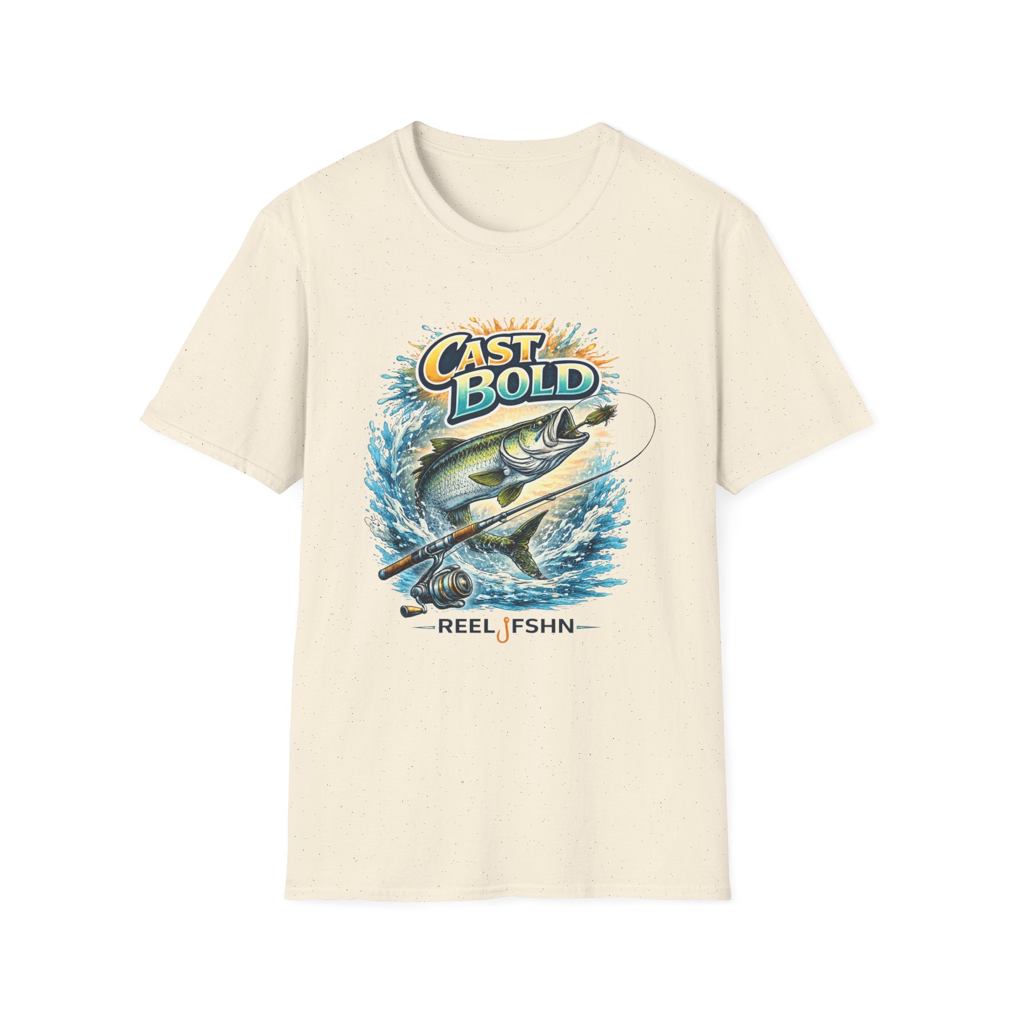Unisex "Cast Bold" Comfort Colors t-shirt in natural, featuring a vibrant graphic of a tarpon jumping with a fishing rod.