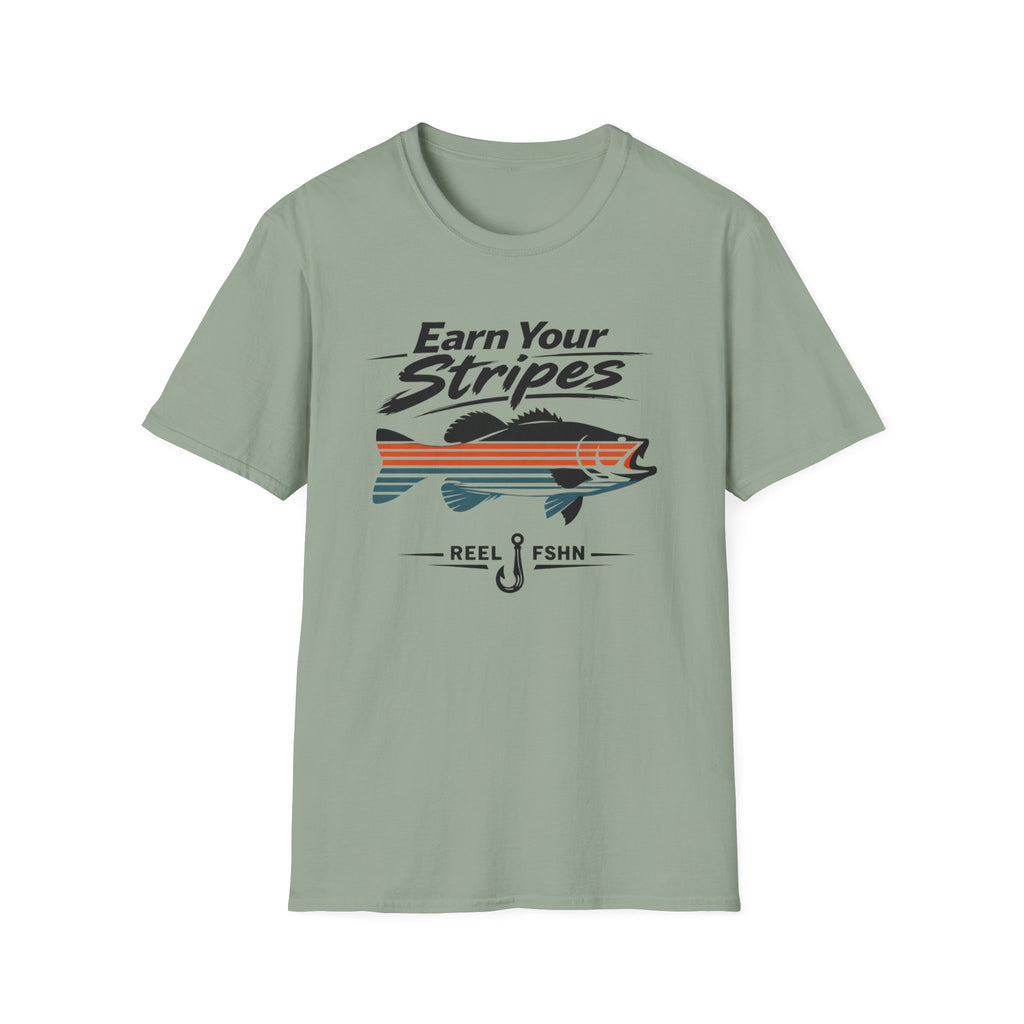 Sage green Comfort Colors t-shirt with "Earn Your Stripes" text, a bass graphic with orange and blue stripes, and a fishing hook.