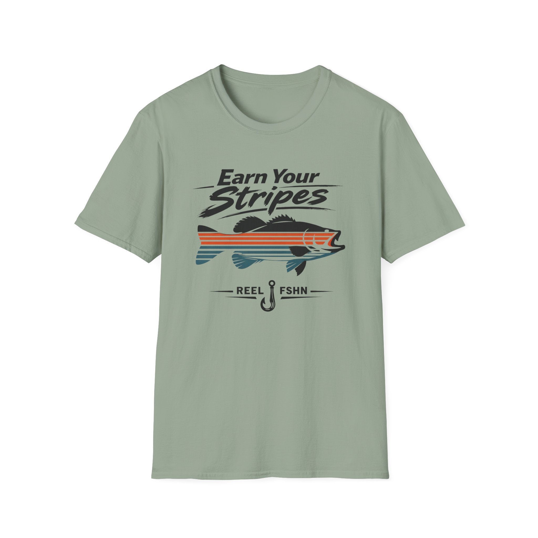 Sage green Comfort Colors t-shirt with "Earn Your Stripes" text, a bass graphic with orange and blue stripes, and a fishing hook.