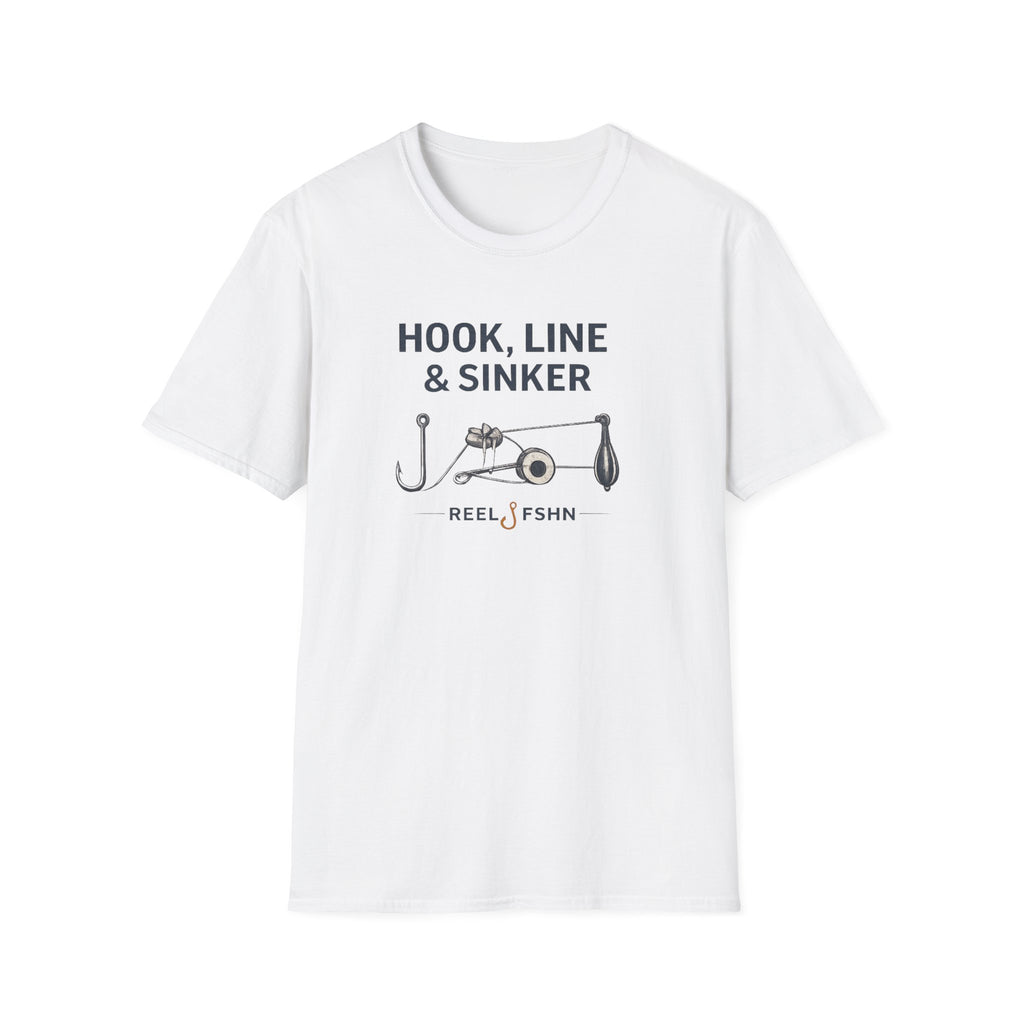 White unisex "Hook, Line & Sinker" fishing graphic tee with a hook, reel, and sinker design.