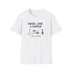 White unisex "Hook, Line & Sinker" fishing graphic tee with a hook, reel, and sinker design.