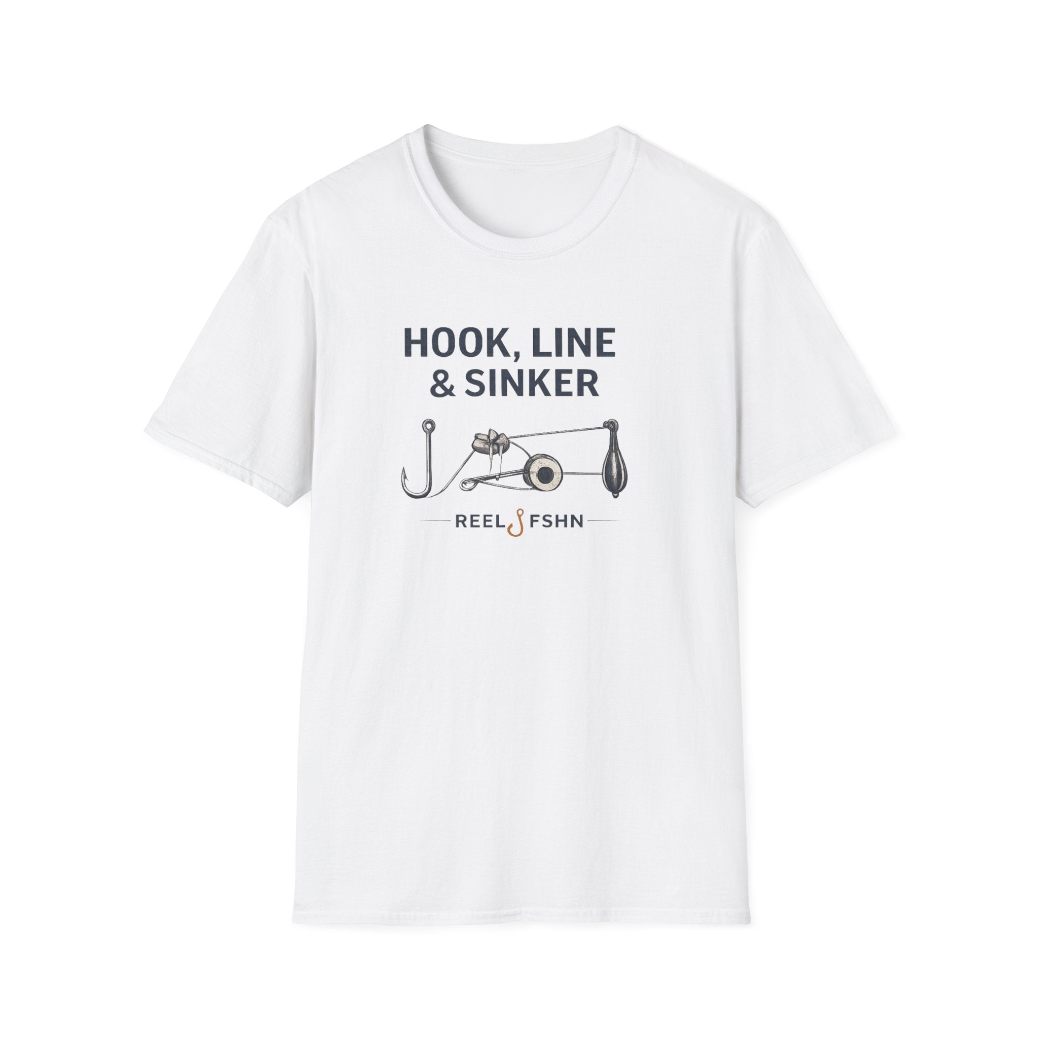 White unisex "Hook, Line & Sinker" fishing graphic tee with a hook, reel, and sinker design.
