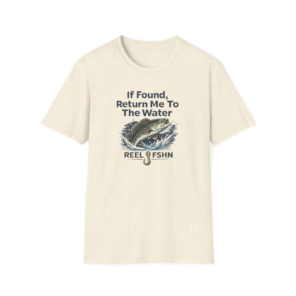 Comfort Colors cream t-shirt with "If Found, Return Me To The Water" text and a jumping bass graphic.
