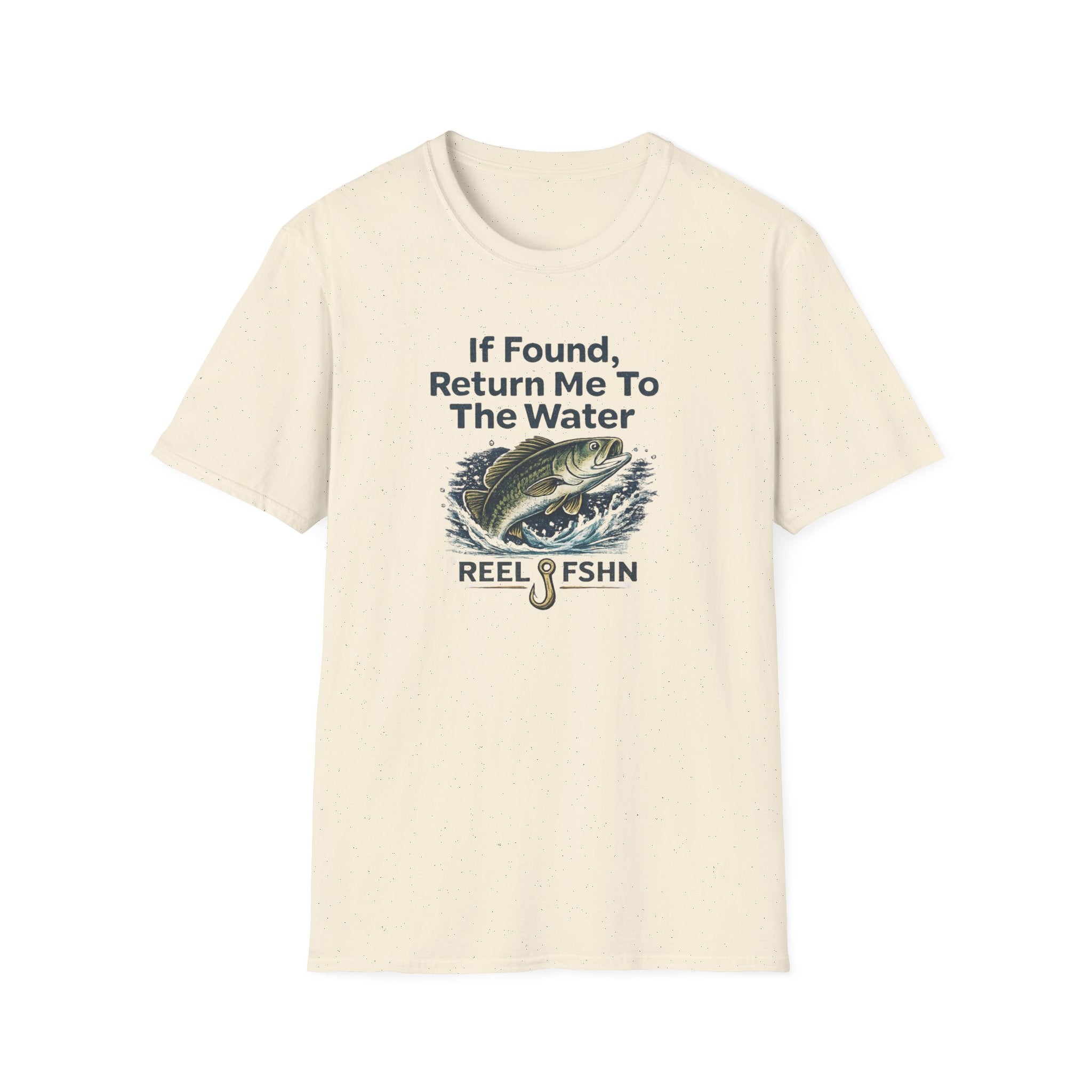 Comfort Colors cream t-shirt with "If Found, Return Me To The Water" text and a jumping bass graphic.