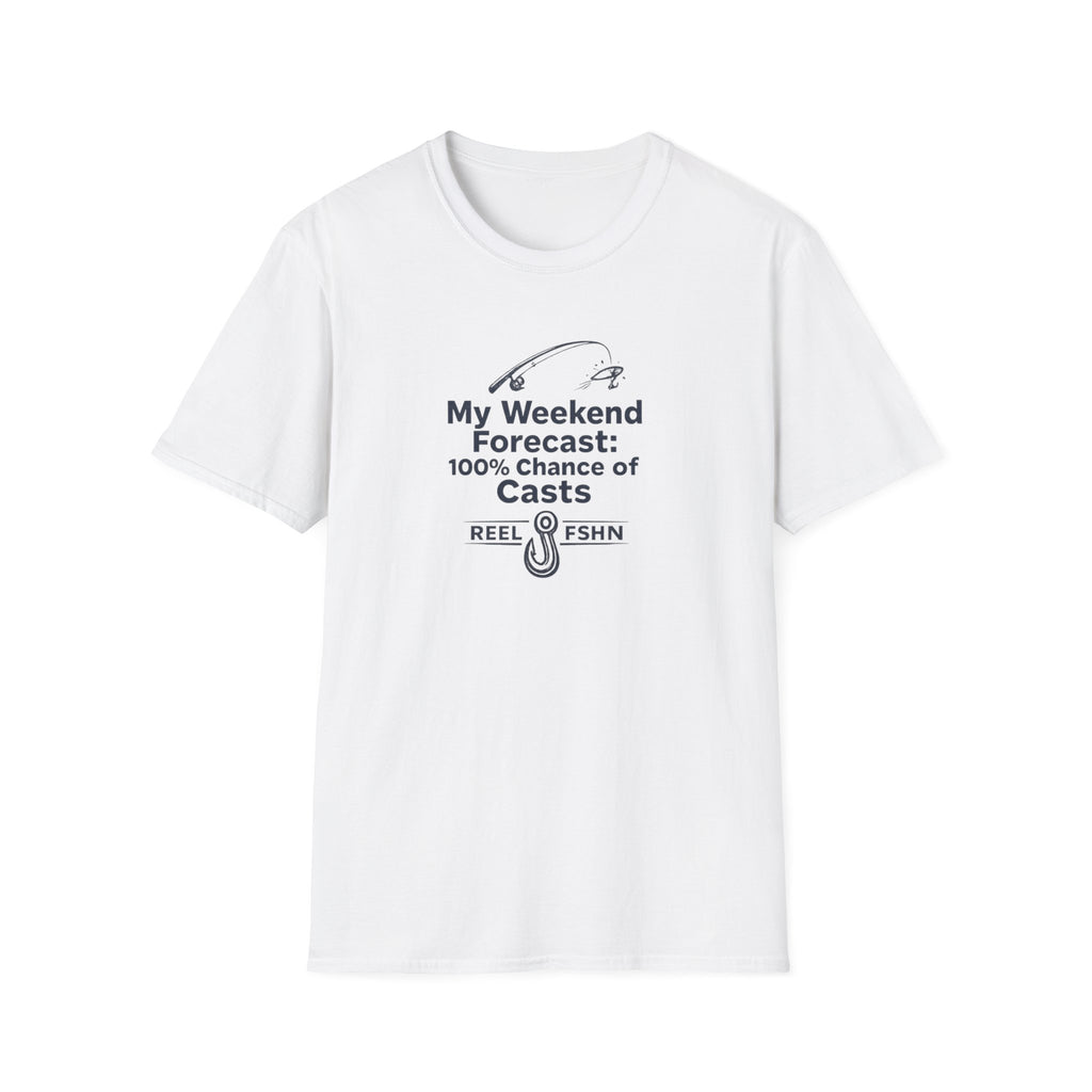 White Comfort Colors unisex t-shirt with "My Weekend Forecast: 100% Chance of Casts" fishing graphic.