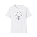 White Comfort Colors unisex t-shirt with "My Weekend Forecast: 100% Chance of Casts" fishing graphic.