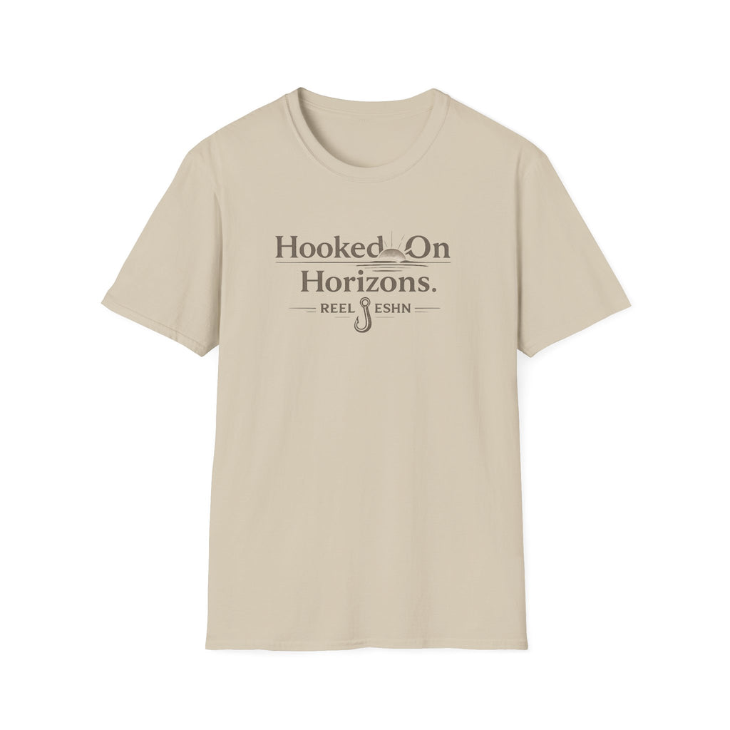 Unisex Comfort Colors tee in sand, featuring "Hooked On Horizons. REEL ESHN" graphic with a fishing hook.