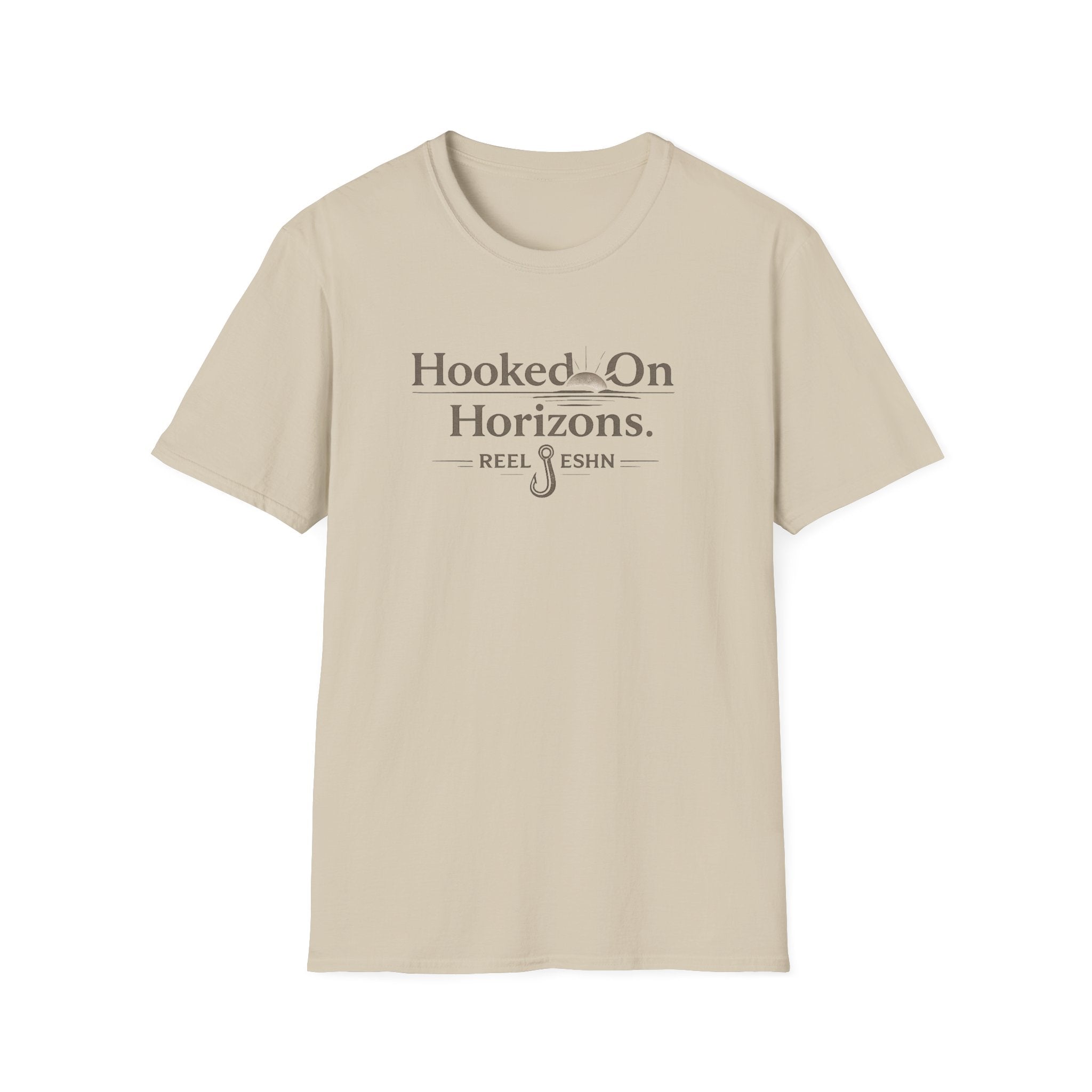 Unisex Comfort Colors tee in sand, featuring "Hooked On Horizons. REEL ESHN" graphic with a fishing hook.