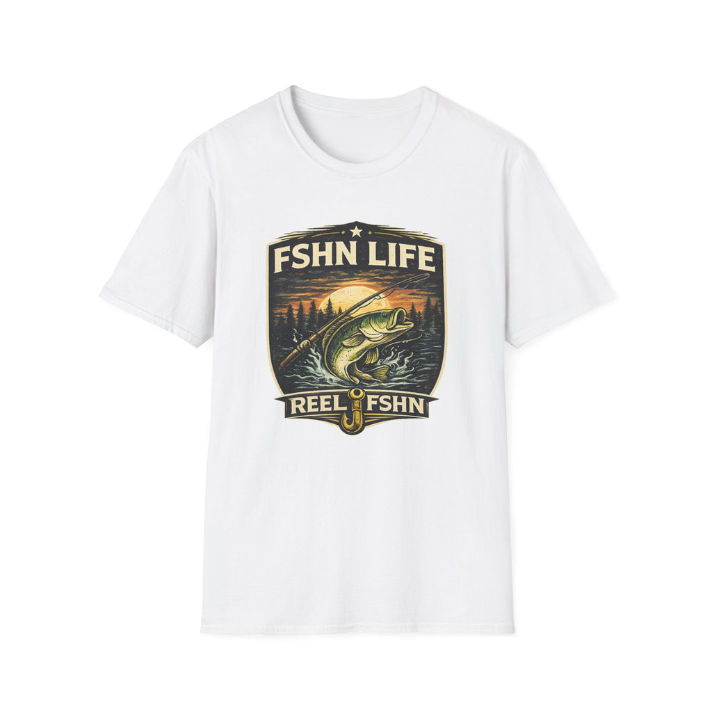 White Comfort Colors FSHN Life T-shirt with a vintage fishing graphic featuring a bass, rod, and sunset.