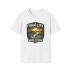 White Comfort Colors FSHN Life T-shirt with a vintage fishing graphic featuring a bass, rod, and sunset.