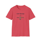 Red Comfort Colors Lake Therapy t-shirt with a fishing hook and "REEL FSHN" graphic.