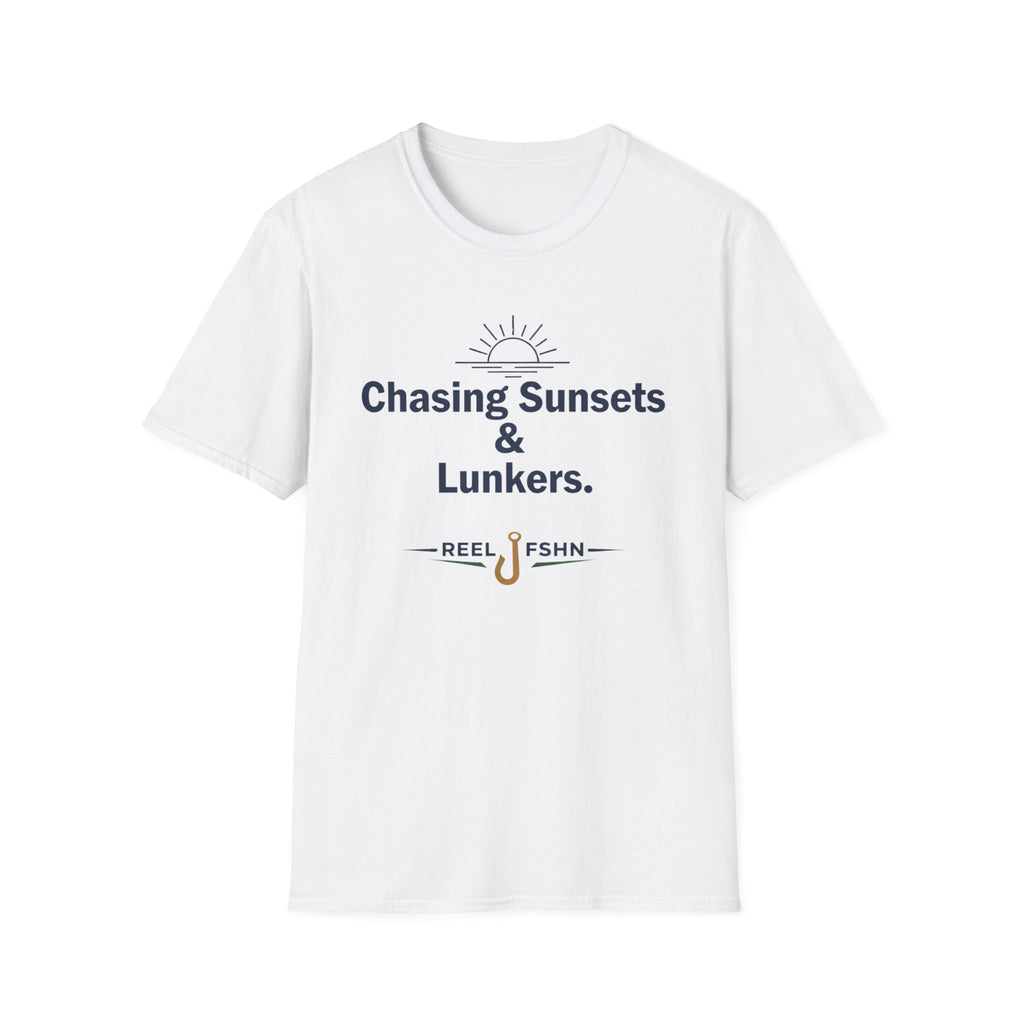 White Comfort Colors unisex t-shirt with "Chasing Sunsets & Lunkers" text and a fishing hook graphic.