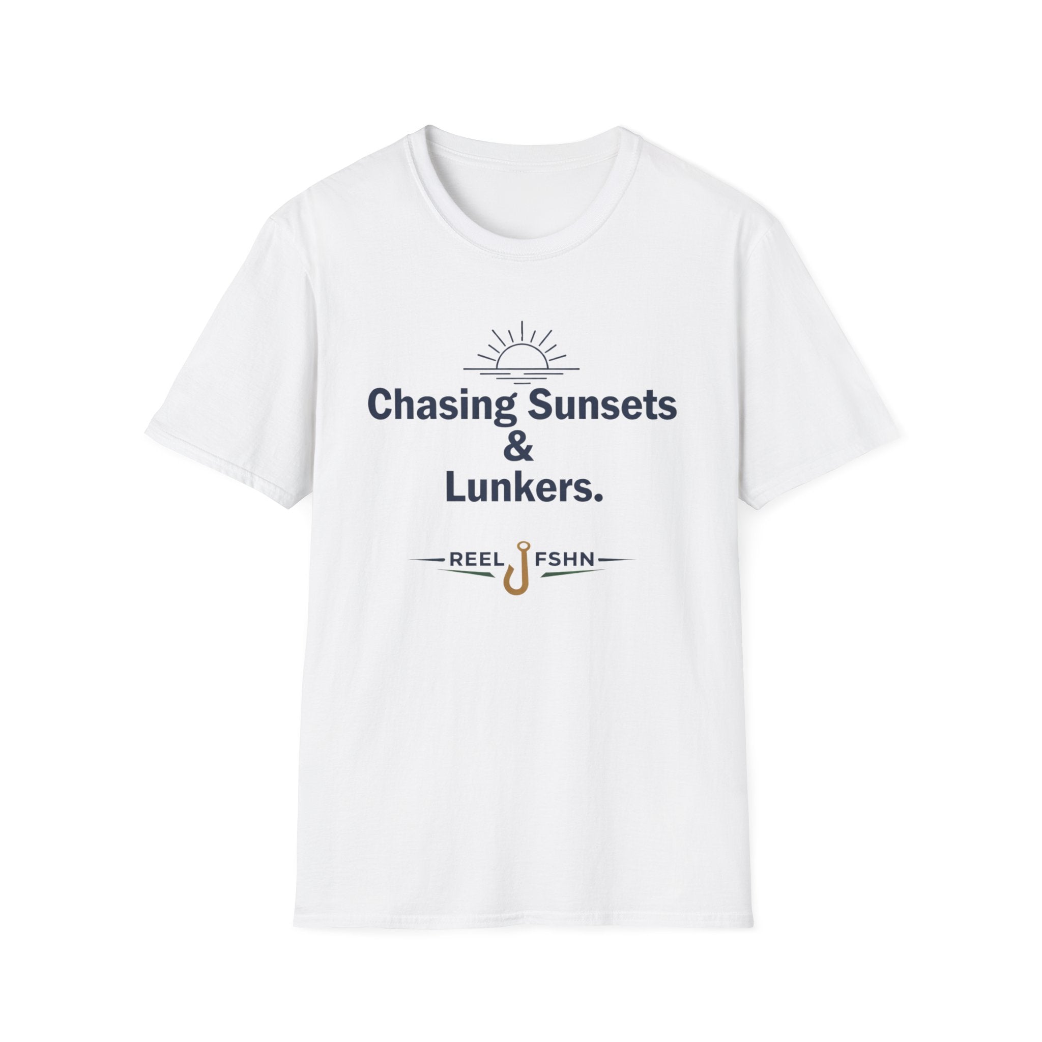 White Comfort Colors unisex t-shirt with "Chasing Sunsets & Lunkers" text and a fishing hook graphic.