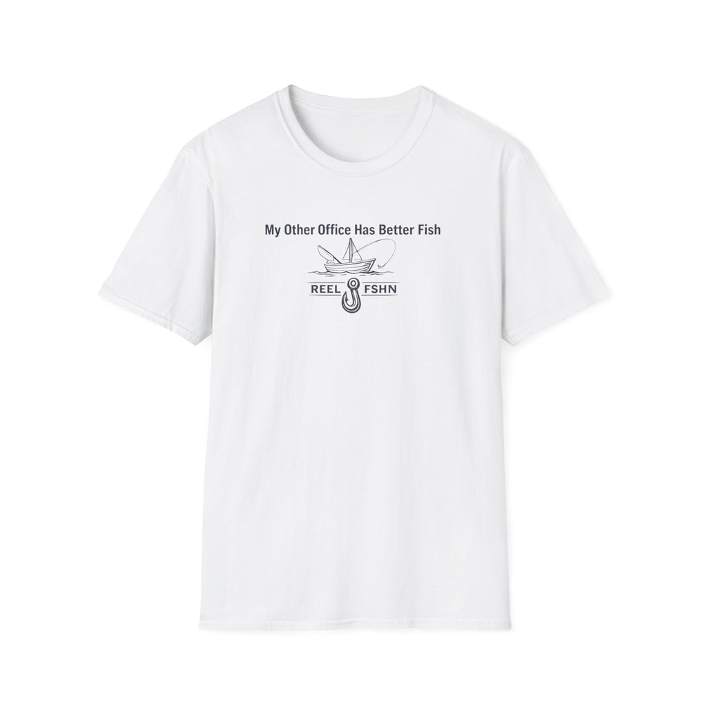 White Comfort Colors cotton t-shirt with "My Other Office Has Better Fish" text and fishing boat graphic.