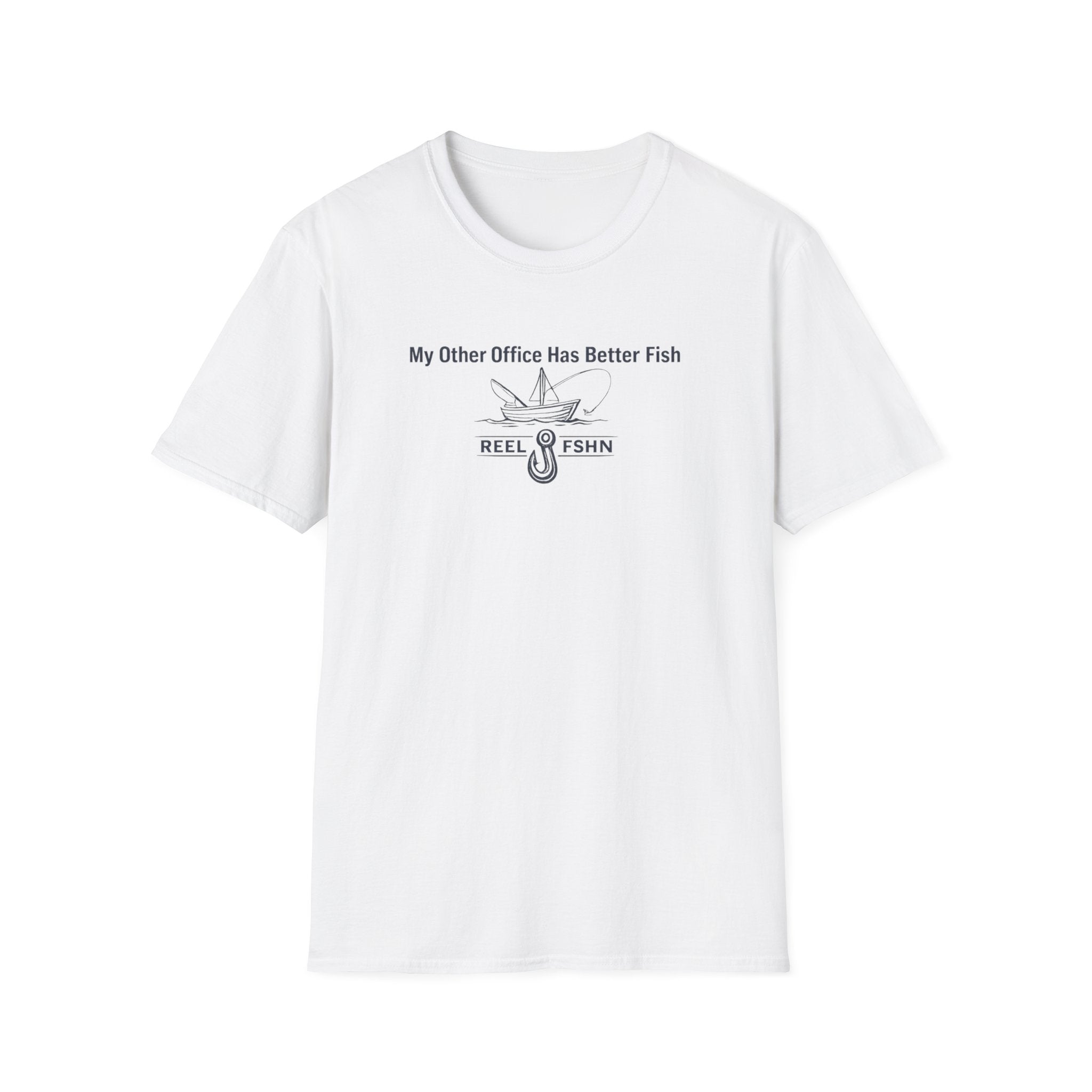 White Comfort Colors cotton t-shirt with "My Other Office Has Better Fish" text and fishing boat graphic.
