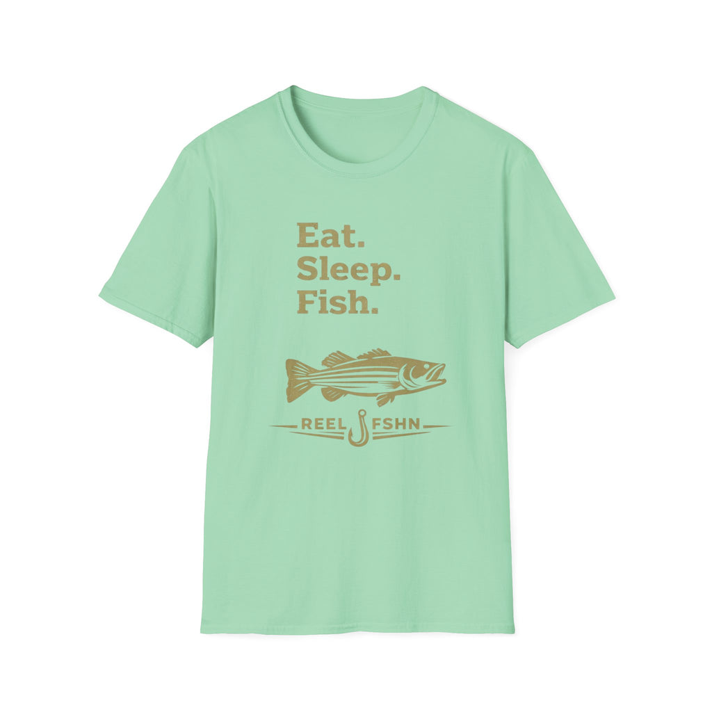 Mint green Comfort Colors t-shirt with "Eat. Sleep. Fish." text and a striped bass graphic.