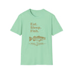 Mint green Comfort Colors t-shirt with "Eat. Sleep. Fish." text and a striped bass graphic.