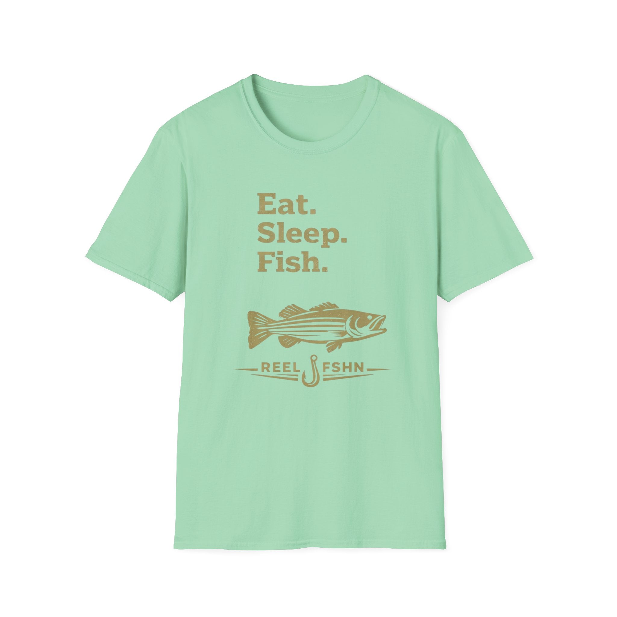 Mint green Comfort Colors t-shirt with "Eat. Sleep. Fish." text and a striped bass graphic.