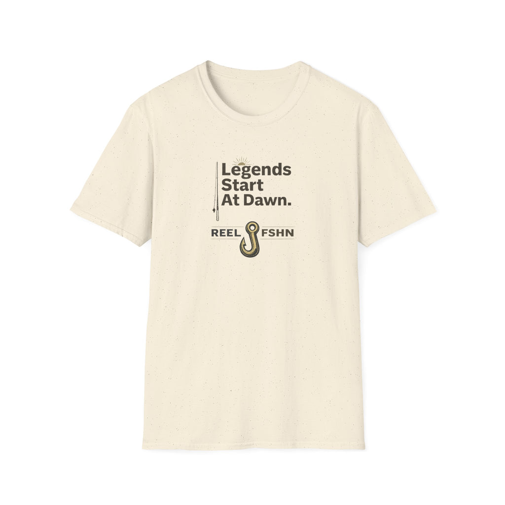 Unisex Comfort Colors cream t-shirt with "Legends Start At Dawn" text and a fishing hook graphic.