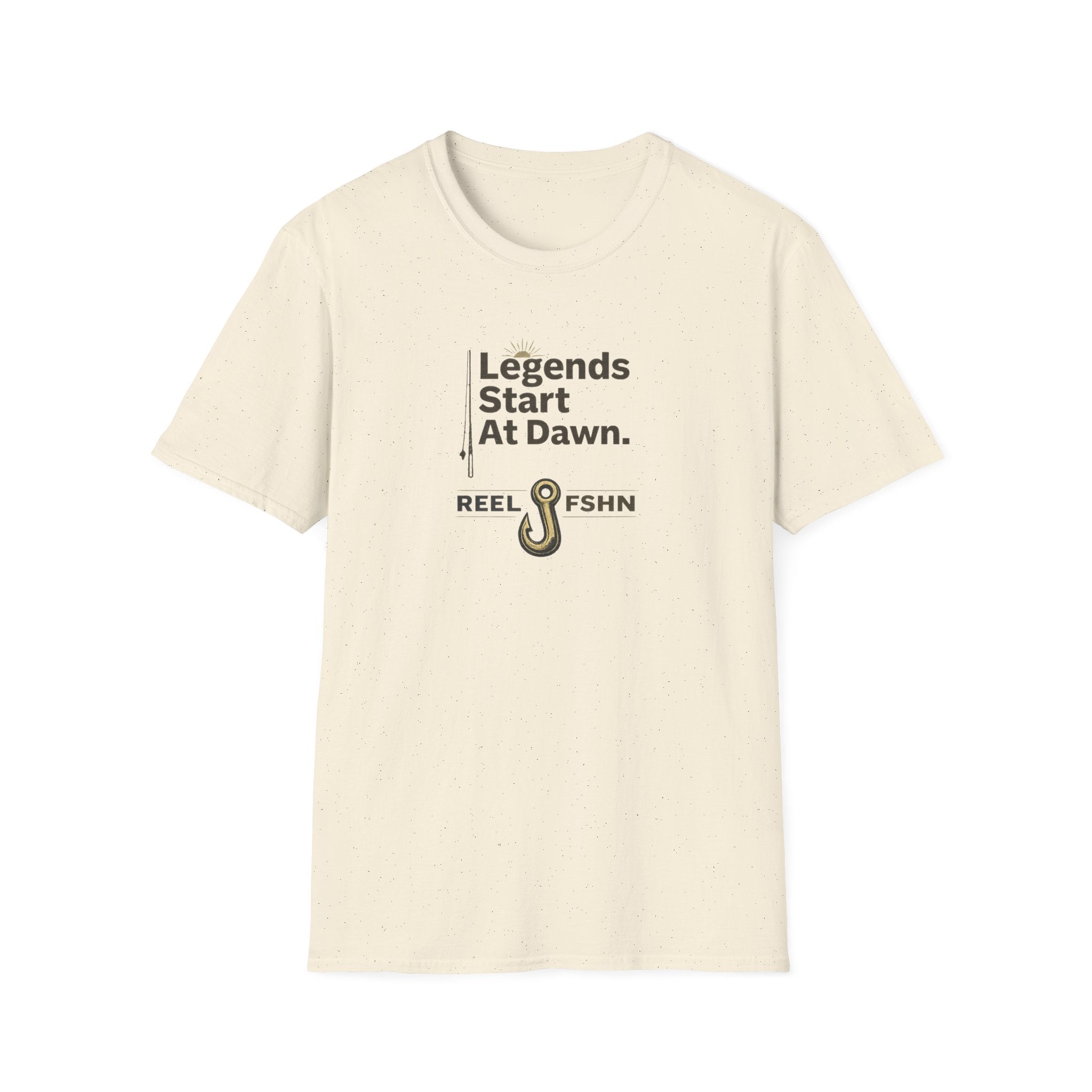 Unisex Comfort Colors cream t-shirt with "Legends Start At Dawn" text and a fishing hook graphic.