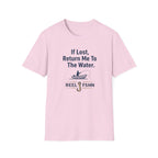 Pink Comfort Colors cotton t-shirt with "If Lost, Return Me To The Water" text, a fishing boat graphic, and "REEL FSHN" with a fishing hook.