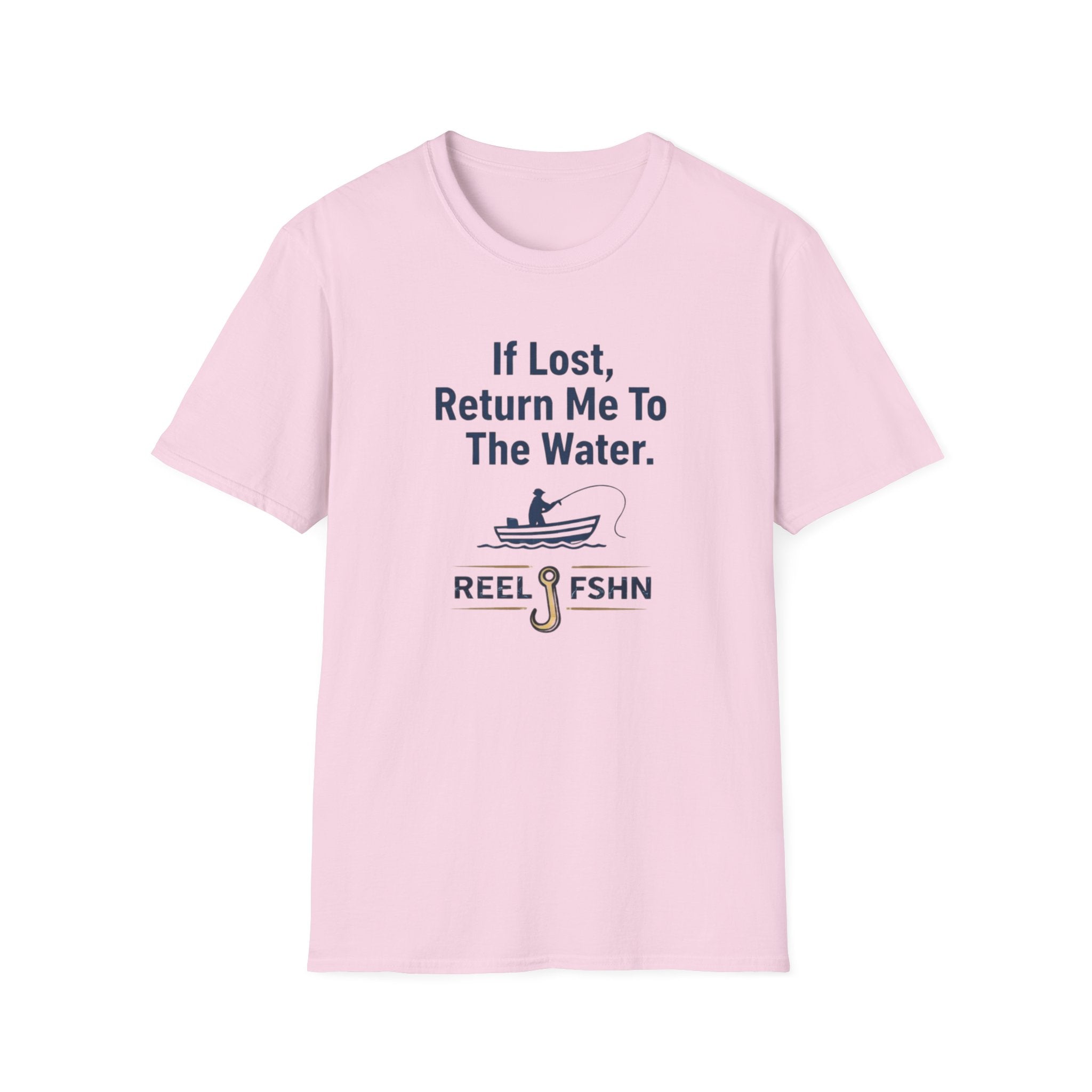 Pink Comfort Colors cotton t-shirt with "If Lost, Return Me To The Water" text, a fishing boat graphic, and "REEL FSHN" with a fishing hook.